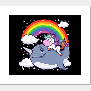 Adorable Unicorn Riding Narwhal Unicorn Of The Sea Posters and Art